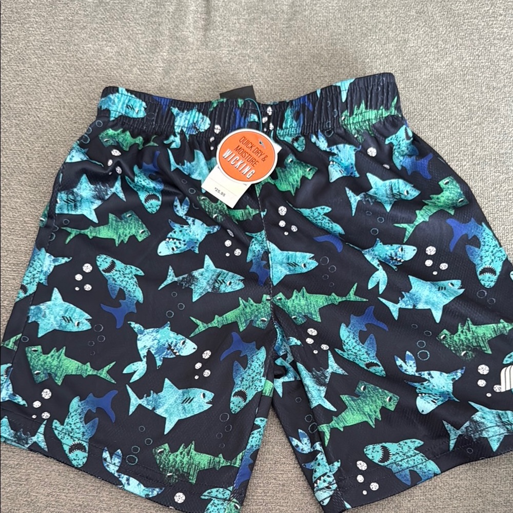 Kids Shark Print Swim Shorts - Blue and Green